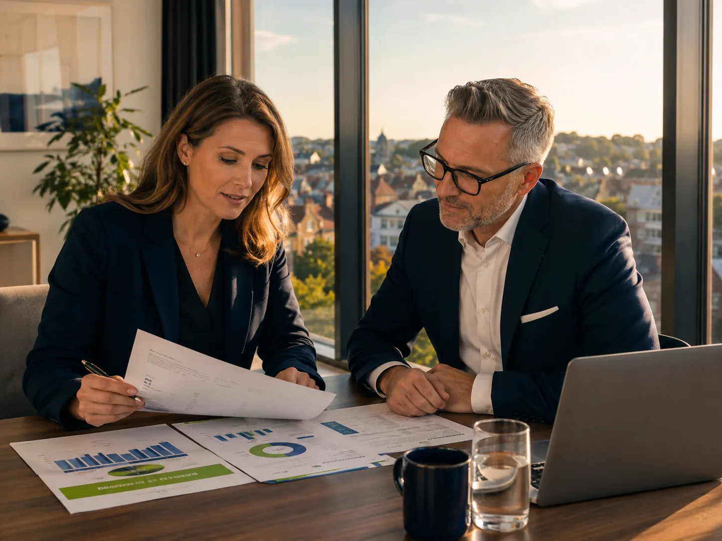 Zwei Personen besprechen ein Reporting am Besprechungstisch